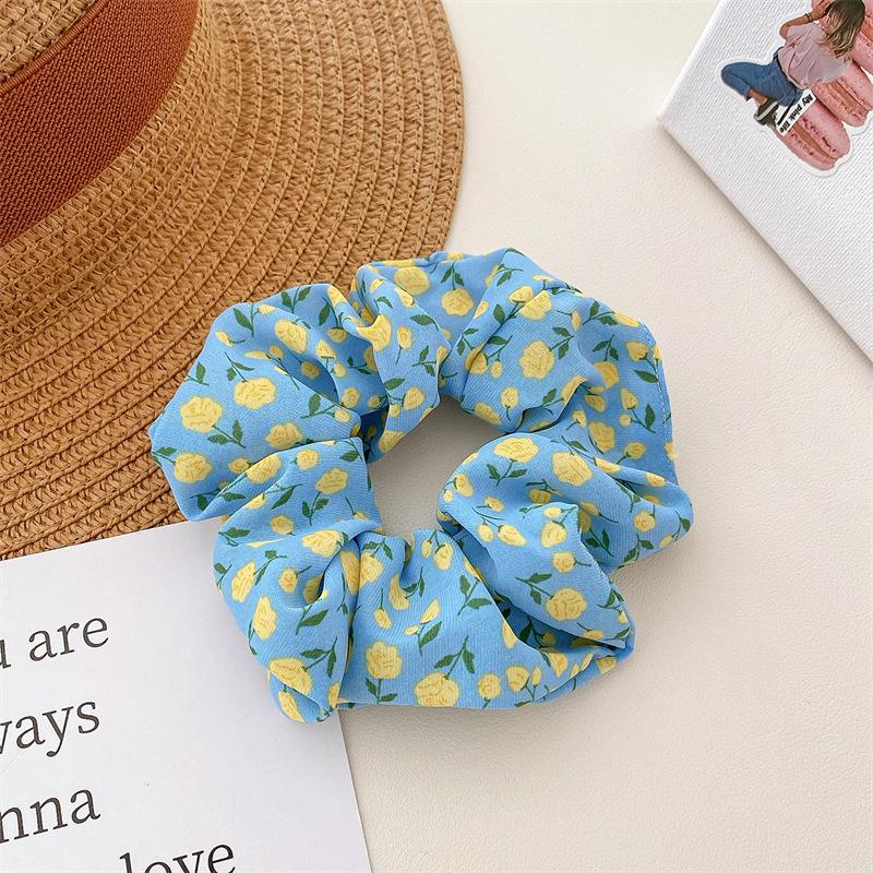 Gentle Sweet Blue Floral Scrunchies Hair Accessories Simple Hair Bands Women Girls Ponytail Holder Hair Rubber Bands Hair Ties