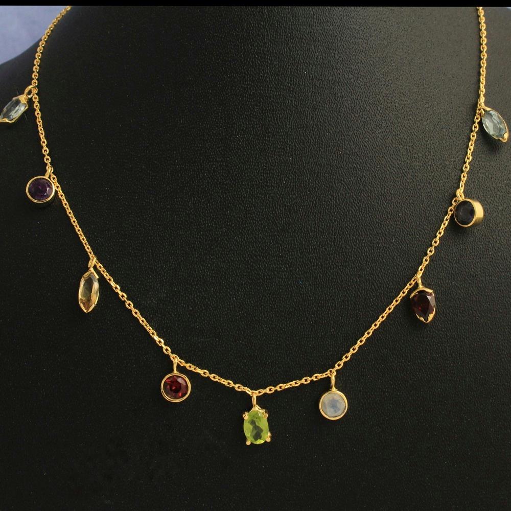 Colier din argint 925 placat cu aur galben, peridot, granat, piatra lunii, citrin, ametist, iolit, topaz albastru