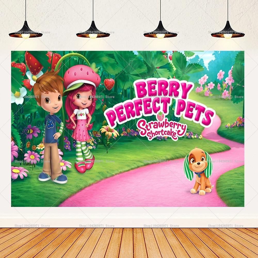 Cartoon Rosa Süßes Erdbeer-Mädchen Thema Hintergrund Mädchen Geburtstagsparty Banner Dekoration Zubehör Babyparty Geschenke Foto Requisiten