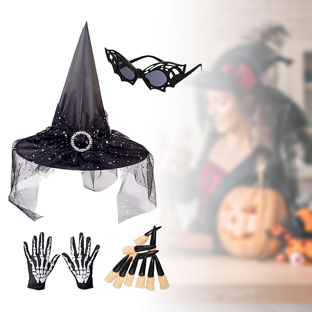 Halloween Witch Hat Pointed Adult Fancy Dress Oxford Cloth Modern Witches with Gauze Wizard