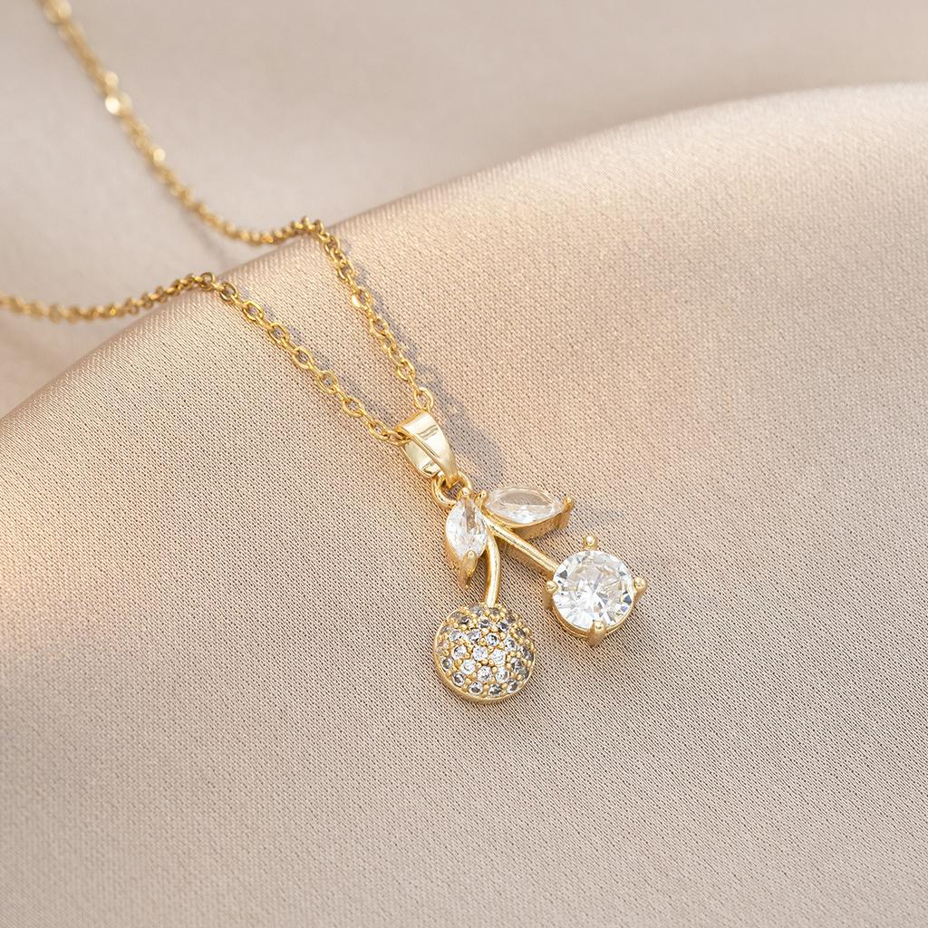 Cherry Pendant Necklace for Women Fashion Stainless Steel Chain Zirconia Necklaces Wedding Party Jewelry Accessories