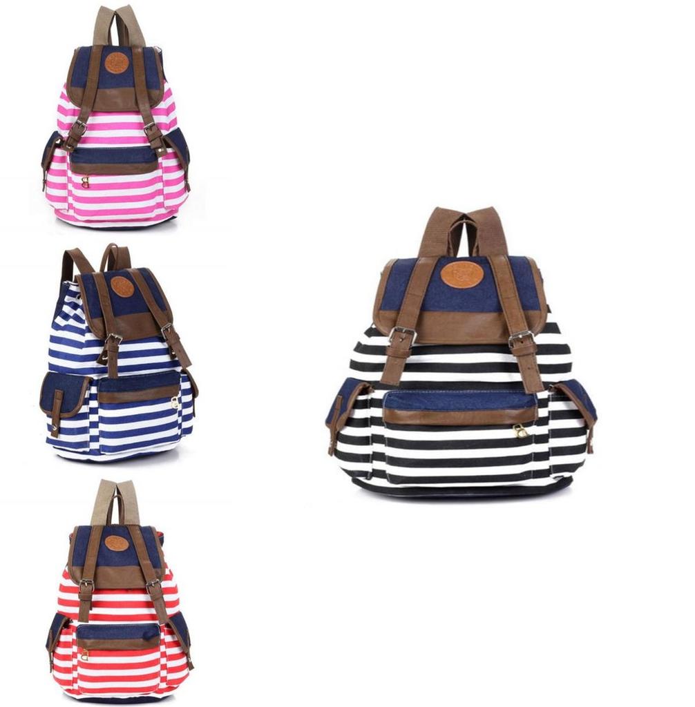 Fashionable Unisex Womens Stripes Canvas Backpack With Stylish Design For Travel And School