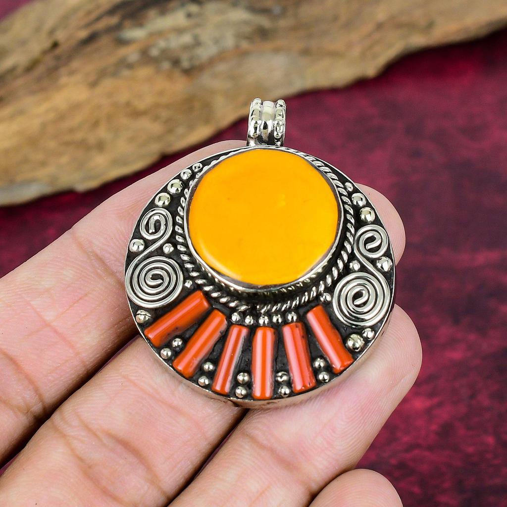 Koralowy i Turkusowy Wisiorek, Kamień Szlachetny Srebro Próby 925, Biżuteria Nepalska, Ręcznie Robiona Biżuteria Wisiorek z Kamieniem Urodzinowym, Prezent Dla Niego