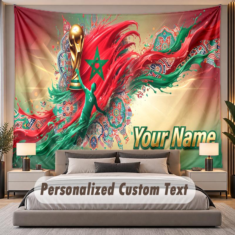 Custom Name Text Tapestry Morocco Football Personalized Polyester Wall Tapestry For Bedroom And Room