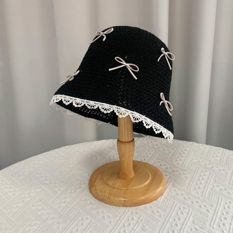 Spring and summer bucket hat knitted hat children's fashion versatile bow bucket hat casual breathable basin hat
