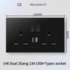 13A British Standard Socket with USB & Type-C Fast Charging, Light Switch, Black Panel for Hong Kong & Macau