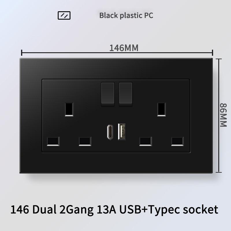 13A British Standard Socket with USB & Type-C Fast Charging, Light Switch, Black Panel for Hong Kong & Macau