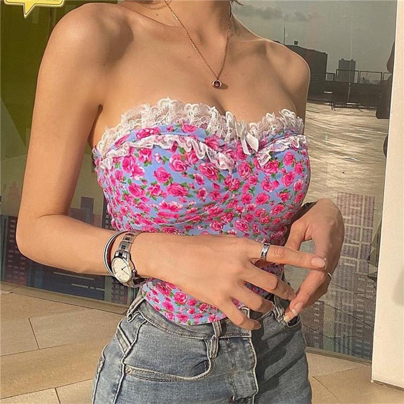 Flower Printing Chest Wrap Vest Girl's Low Collar Vest Casual Tight Backless Crop Tops Women Sexy Sleeveless Off Shoulder Tops