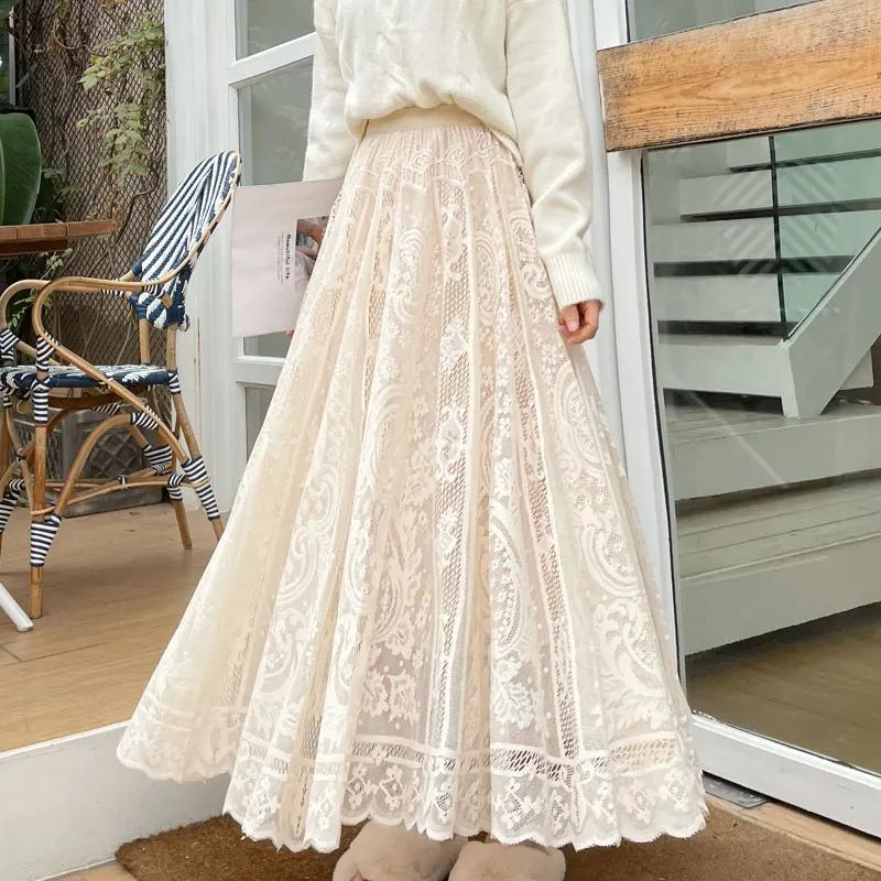 Spring Summer Women Long Skirt Fairy Palace Style Custom Lace Oversize Pendulum Mid-length Female Skirts