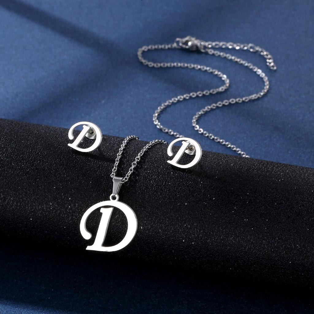 Stainless Steel Letter Pendant Necklace Unisex Jewelry Set Letter Earrings Party Accessory Present for Fashion Lover