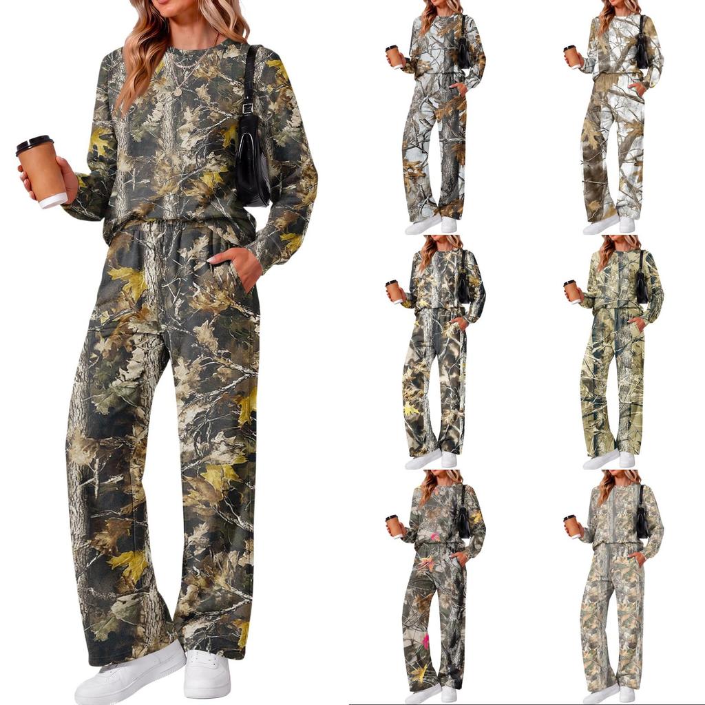Women's Casual Round Neck Loose Fit Printed Sweatshirt and Sweatpants Set