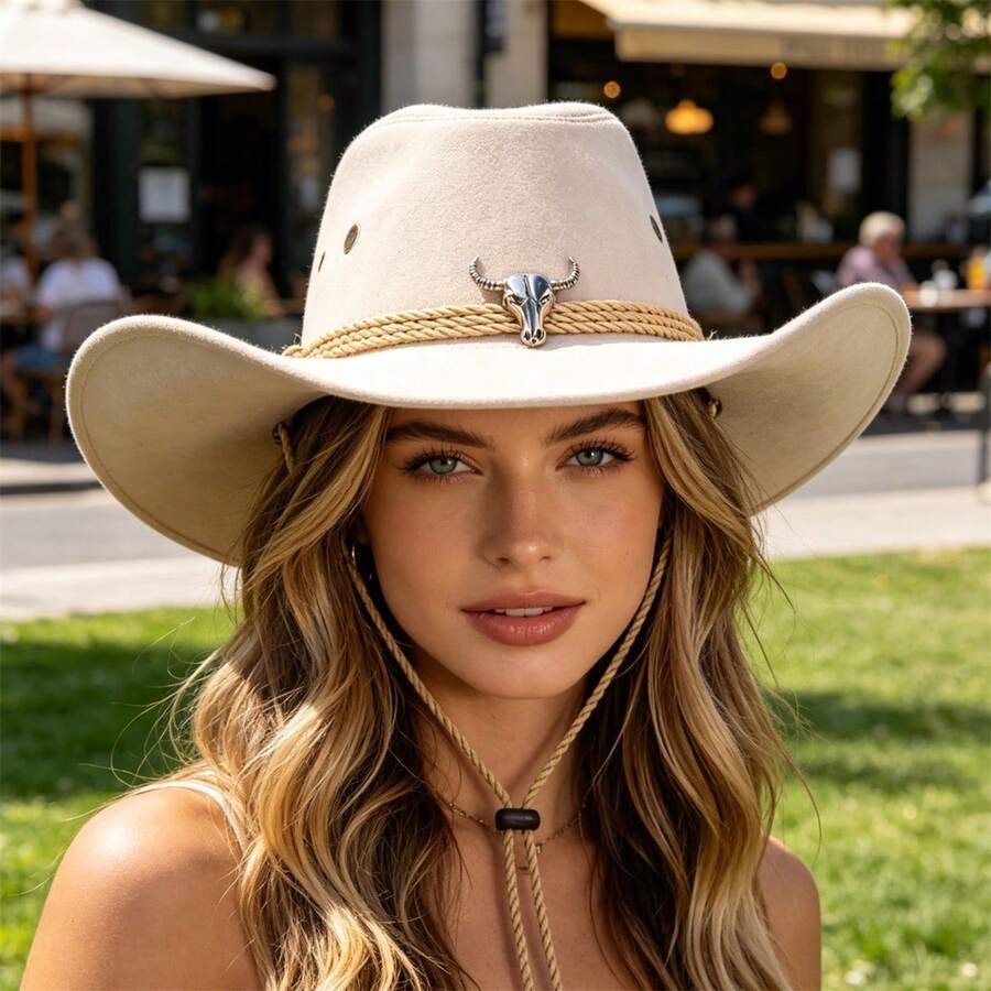 Western Hat With Cow Skull Decor Wide Brim Sun Hat For Outdoor Party