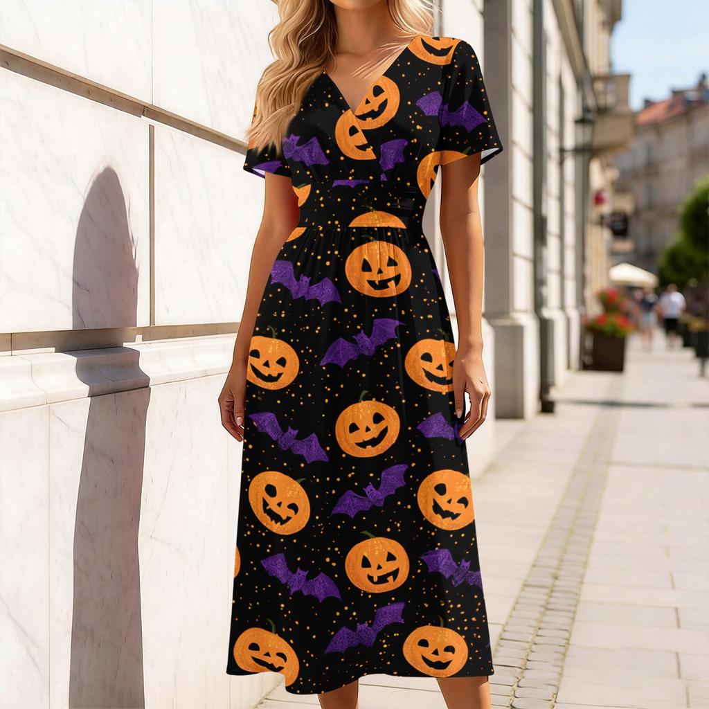 Women's V-Neck Short Sleeve Casual Dress with Halloween Print for Party and Daily Wear