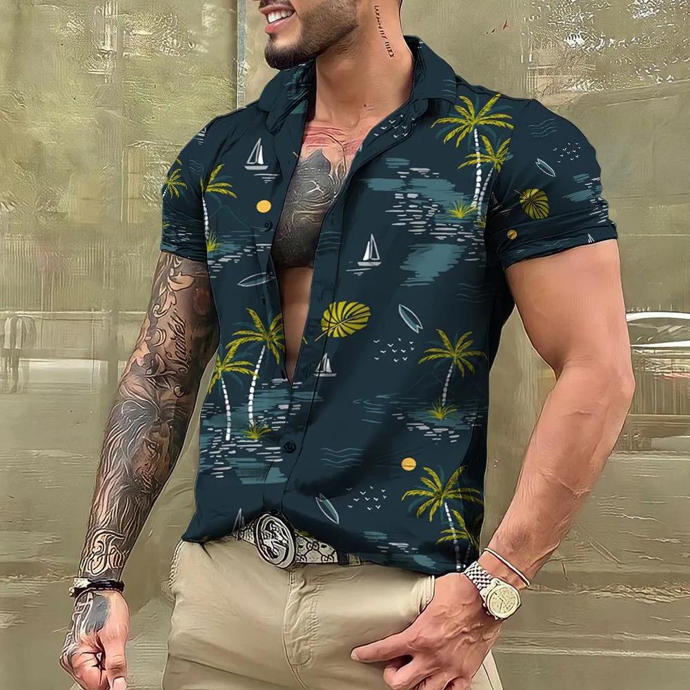 Summer Fashion Hawaiian Floral Beach Casual Shirt 3D Plant Pattern T-shirt Retro Short Sleeve Vacation Outdoor Men's and Women's Shirt