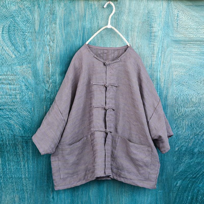 Johnature Women Shirts Chinese Style Button Tops O-Neck Short Sleeve Summer Blouses Vintage Pockets Shirts