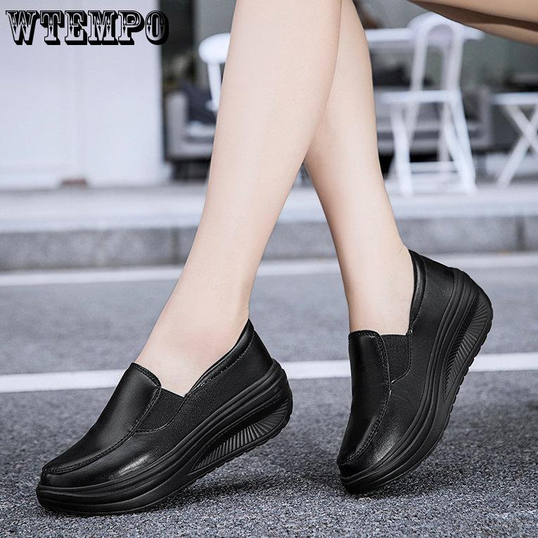 Women's Shoes Spring Genuine Leather Soft Outsole Work Shoes Female Black Swing Shoes Woman Plus Size Wedges Single Shoes