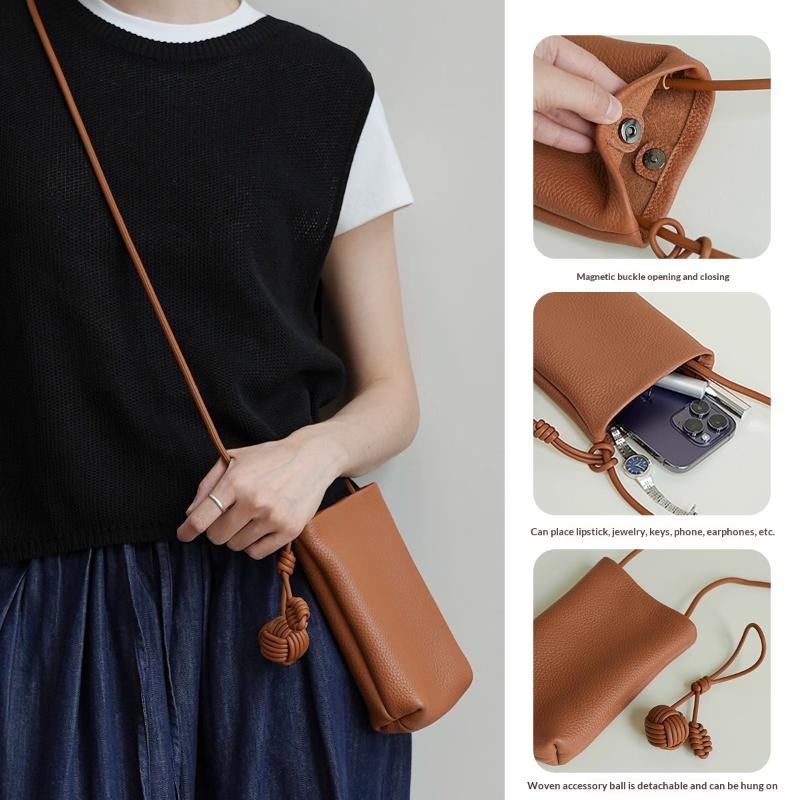 Women Crossbody Mobile Phone Bag Soft Pu Leather Cute Literary Mini Small Round Ball Pendant