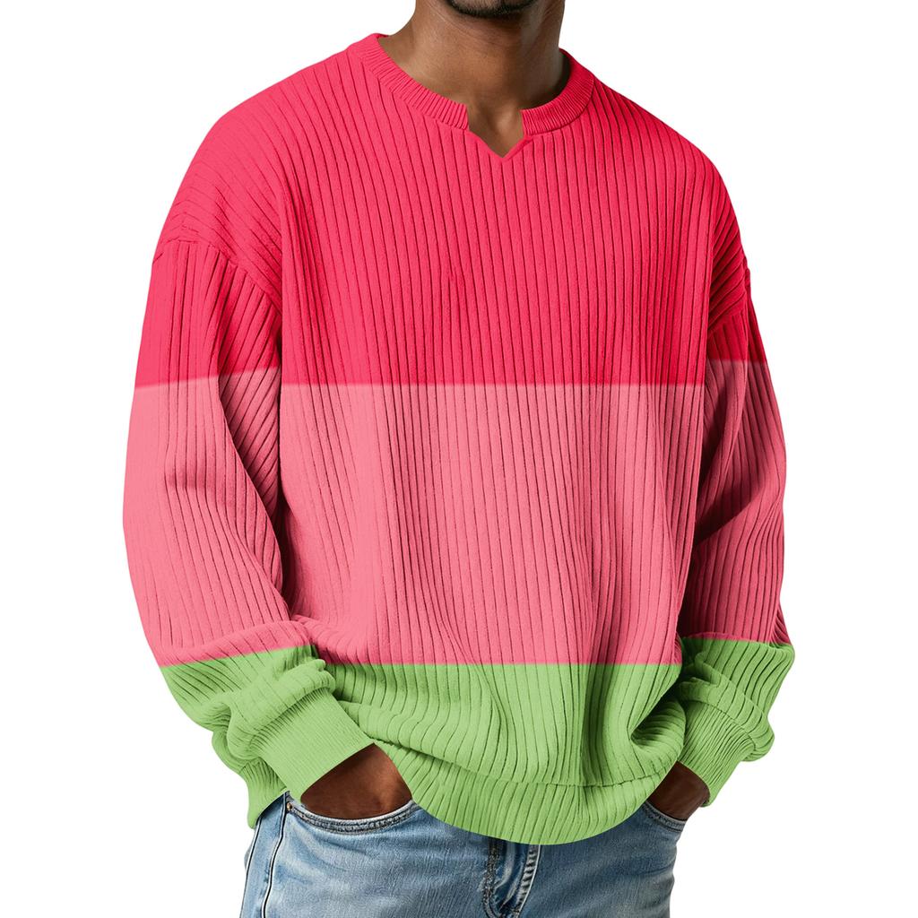 Men's Color-Blocked Stylish V-Neck Ribbed Textured Long-Sleeve T-Shirt