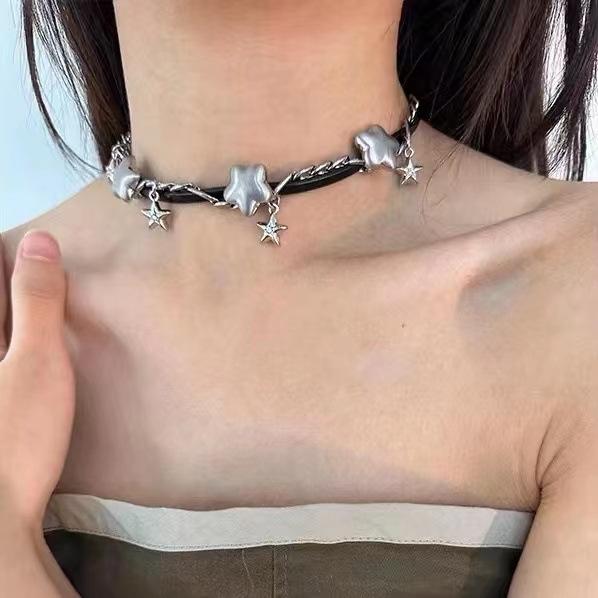 Y2K Silver Color Fat Star Zircon Stars Tassels Black Leather Winding Metal Chain Chokers Necklace Bracelets for Women Jewelry