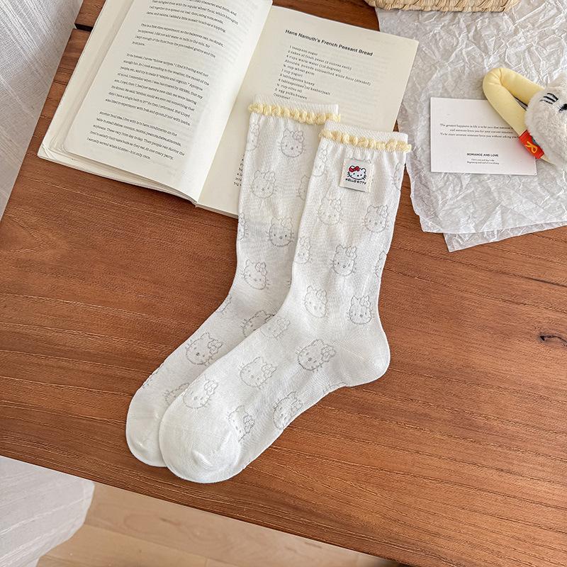 Женские Весенне-Летние Милые Мультяшные Кошки Кружевные Оборки Сетчатые Носки One Size белый