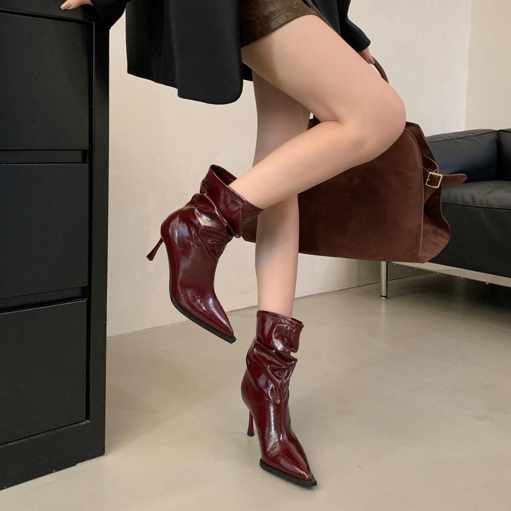 Fashion Temperament High-end Good-looking High-heeled Short Boots Women's 2025 Autumn and Winter New Pointed-toed Mid-tube Boots Thin-heeled Stacked