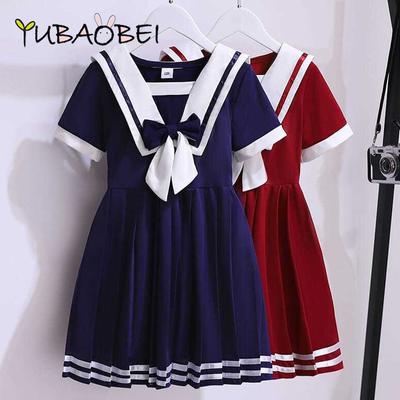 Kinder Mid-länge mit Kleidung College Stil Kleid Mädchen Navy Stil Frühling Herbst Mittelgroße kinder Langen ärmeln Plissee kleid