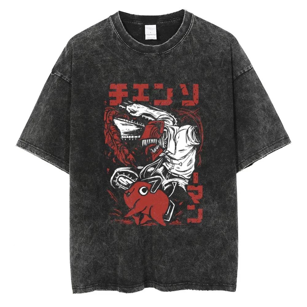 Anime Chainsaw Washed Short Sleeved Round Neck Yk Tshirt Ropa Hombre Men Clothing New in Top Tees Mens TShirt Camisetas