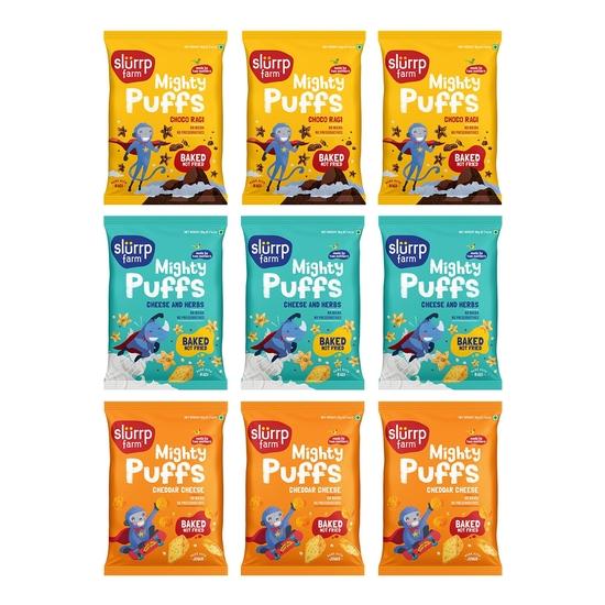 Slurrp Farm Mighty Jowar Puffs | Khatta Meetha, Mild Masala and Cheddar Cheese | Not Fried, No Maida  | 9 x 20g packs 200GM