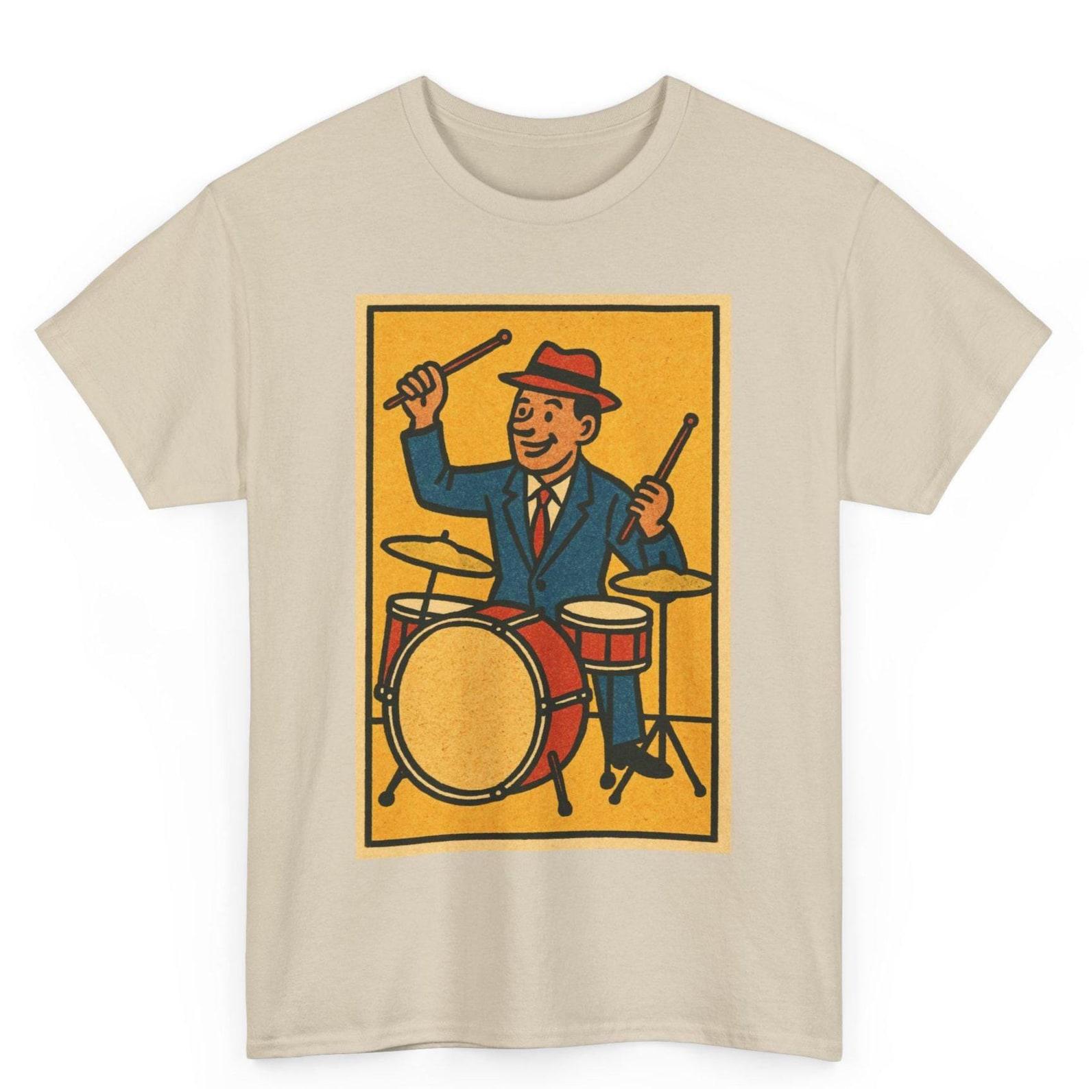 Vintage Drummer Comic T-Shirt: Retro Percussion Graphic Tee M