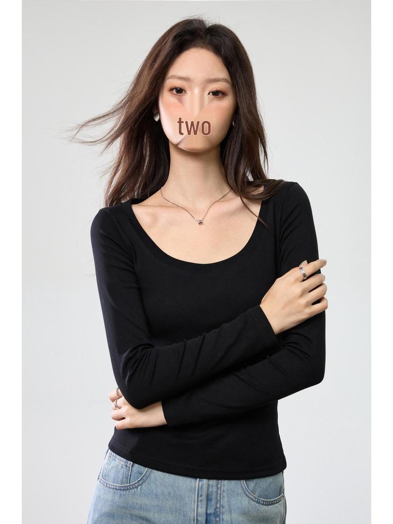 Damen gekämmte Baumwolle U-Ausschnitt Langarm Slim-Fit T-Shirt - Herbstmode, vielseitiges einfarbiges Oberteil