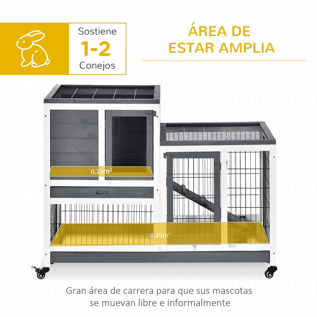 Wooden Rabbit Hutch with Wheels for Indoor Use, 2-Story Cage with Ramp and 2 Removable Trays, 110x50x88cm, Grey