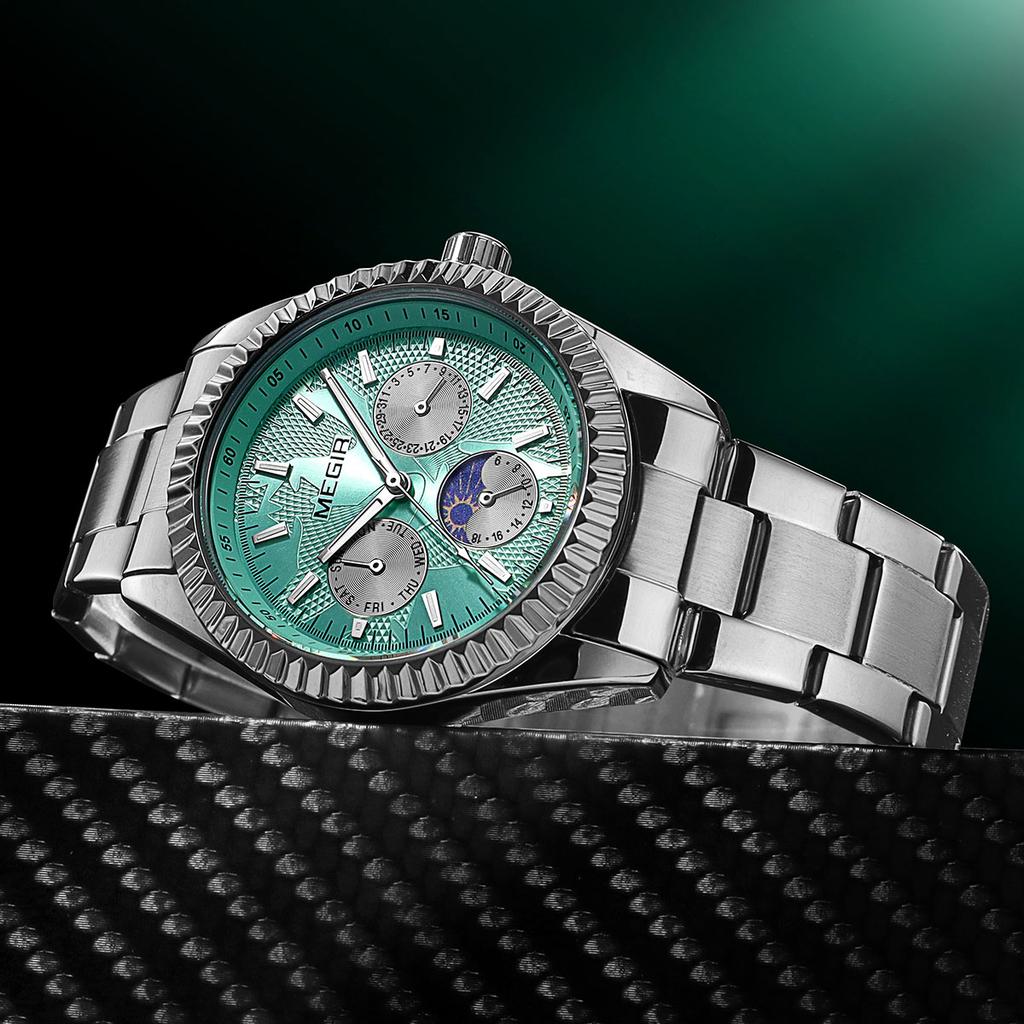 Men's Quartz Watches Stainless Steel Strap Couple Bracelets Wristwatch with Day Date 24-Hour Moon Phase Function Relogio Womens Watch