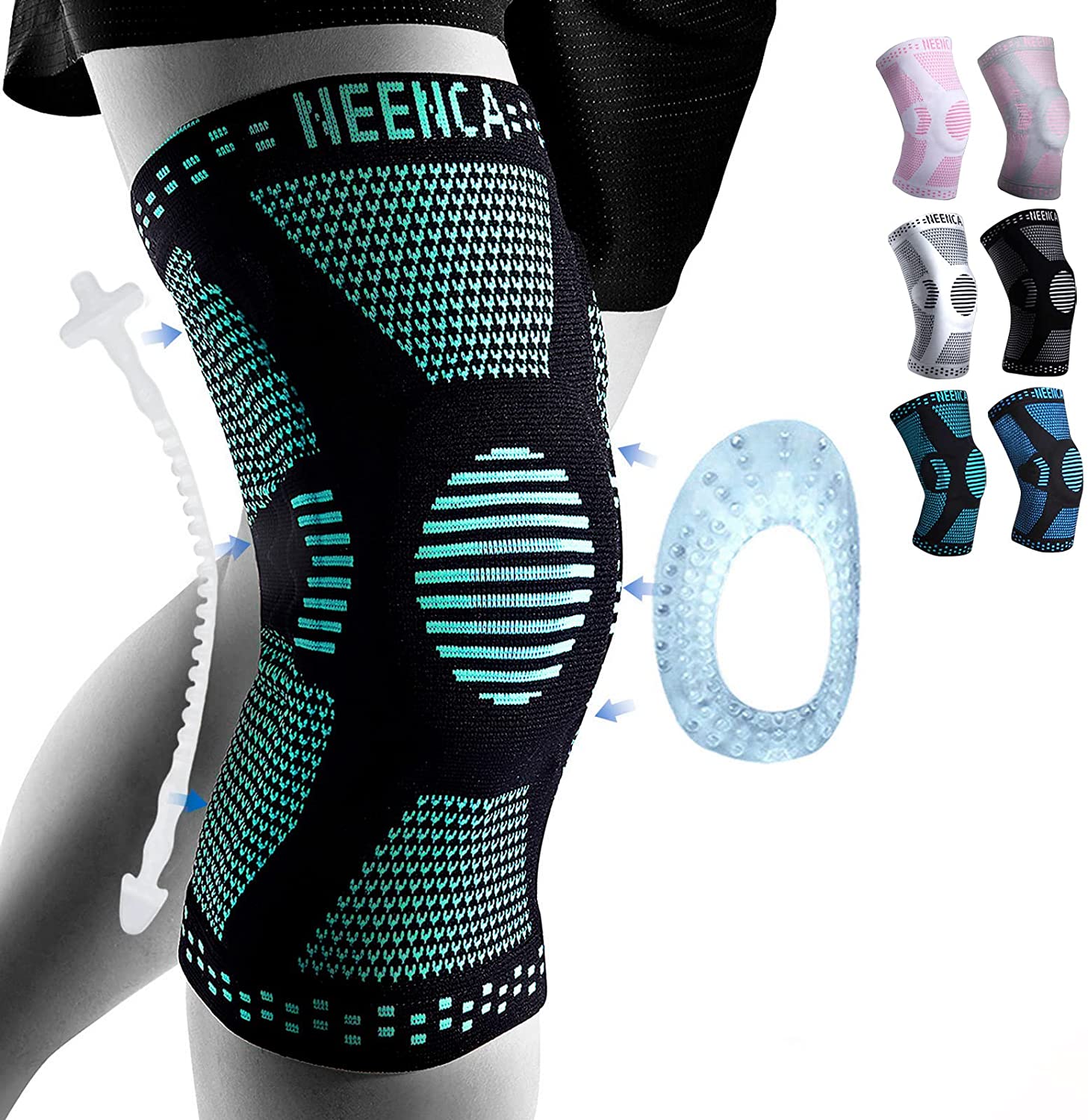 NEENCA Ginocchiera in Rame Supporto per Ginocchio con Cuscinetto in Gel Rotuleo e Stabilizzatori Laterali per Dolore al Ginocchio Sport Artrite Dolore Articolare LCA Sollievo XL verde