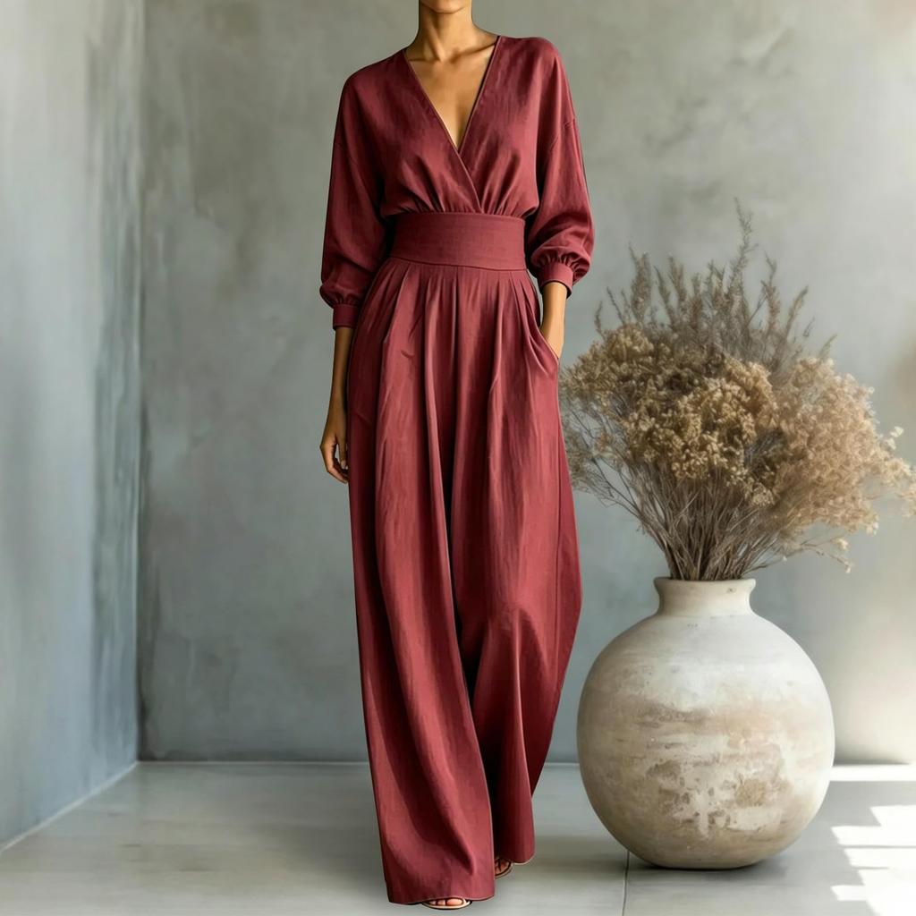 Damen V-Ausschnitt Farbe Taillenband Jumpsuit für einen eleganten Freizeit-Look