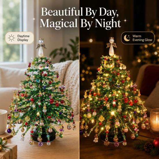Plastic Beads for Crafts DIY Beaded Christmas Tree Kit, Handmade with LED Lights, Party Crafting Props Holiday Craft Project, Bead Kit Adults,