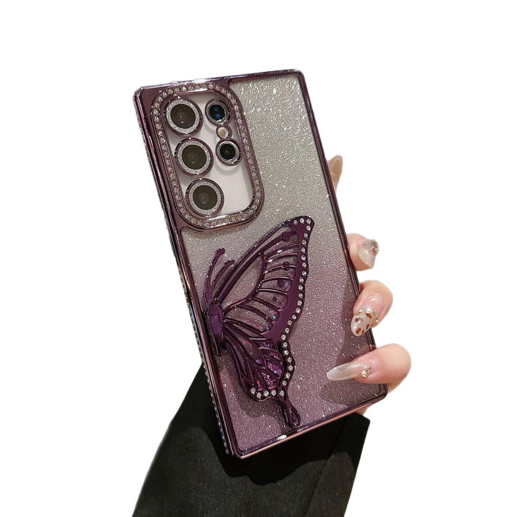Suitable for Samsung S25ULTRA Electroplated Rhinestone Frame Glitter Butterfly Stand Mobile Phone Case A55 Full Inclusive Lens Film