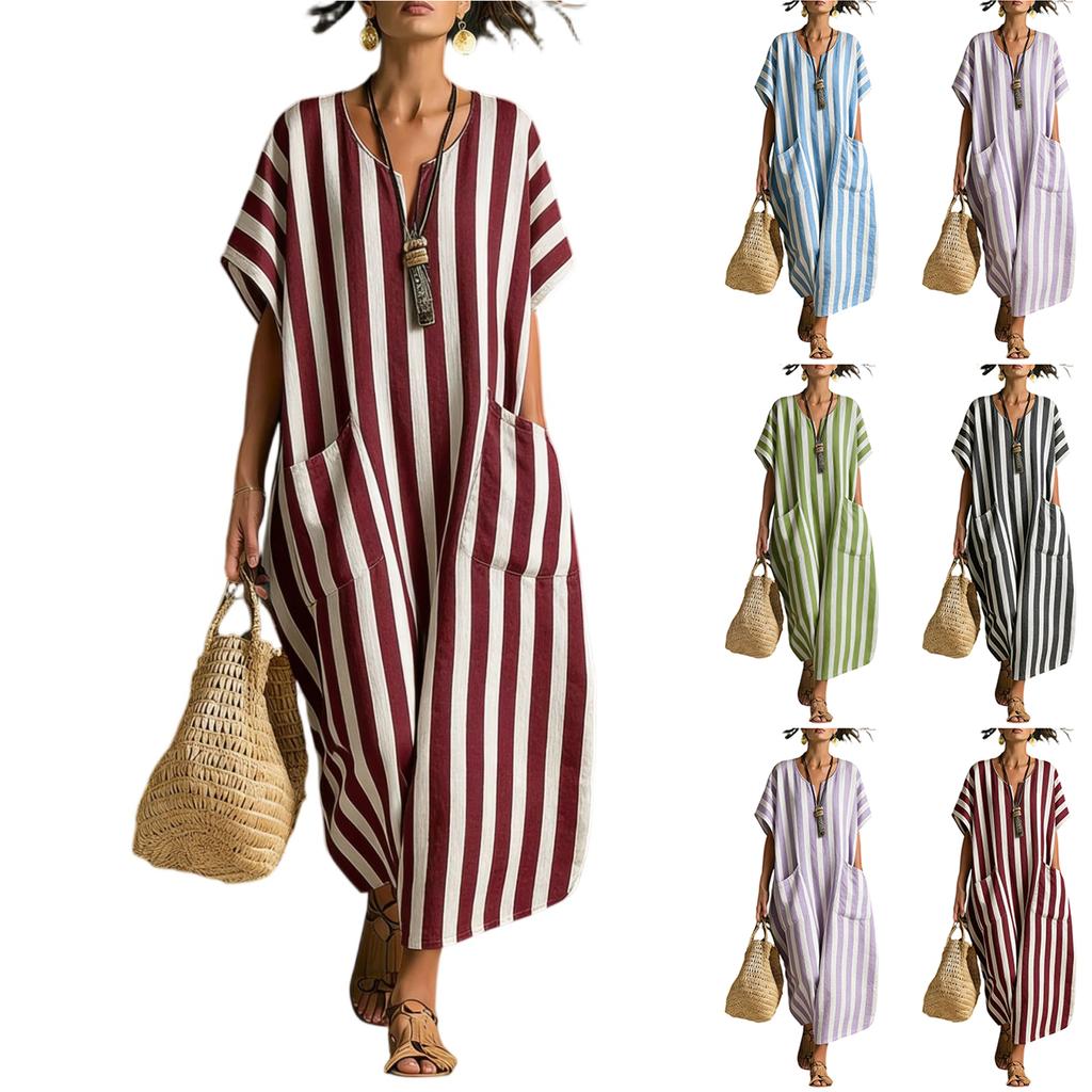 Locker sitzendes gestreiftes Kaftan-Kleid mit V-Ausschnitt und kurzen Ärmeln für Damen, lässiges langes Maxikleid mit Taschen