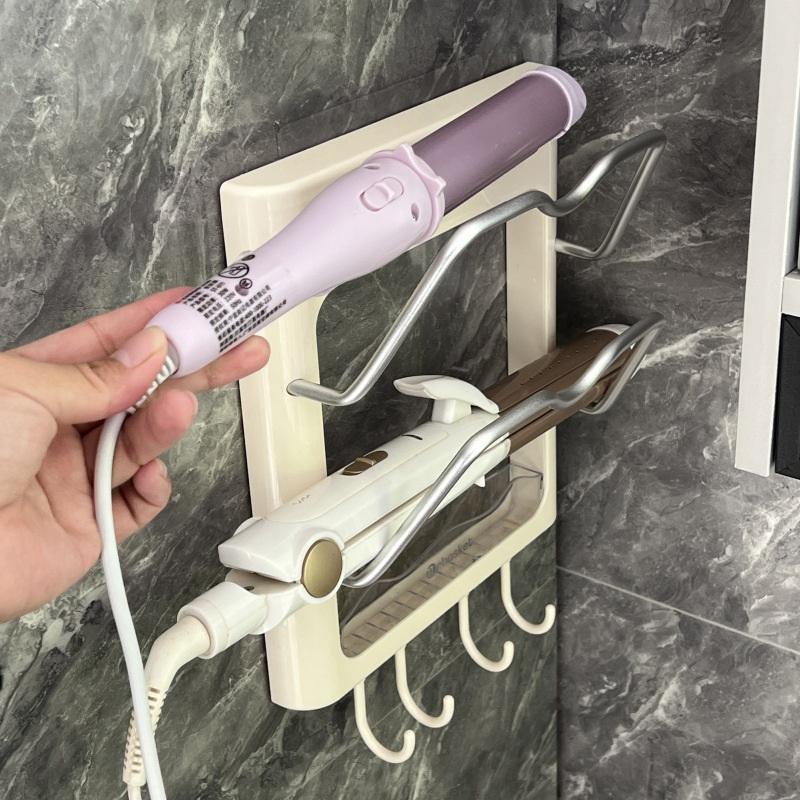 Wall Mounted Hair Dryer Holder Curling Iron Holder Hair Styling Tools Organizer With Shelf Hooks Multi-Functional Storage Rack