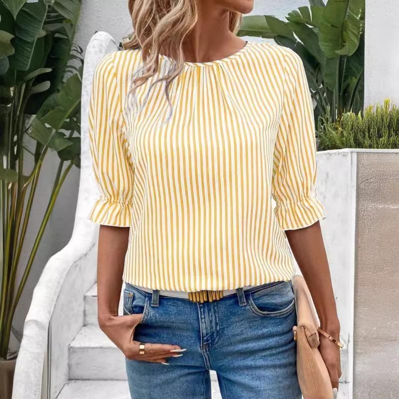 Fashion Striped Pattern Women Shirts Summer Five Quarter Sleeve Ladies Button Blouse 2XL Plus Size Casual Shirt