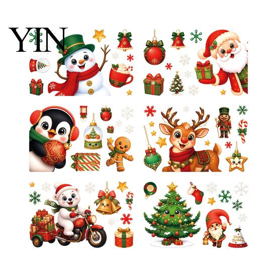 Winter Seasonal Room Decor 6Pcs Christmas Window Cling, Santa Snowman Penguin Reindeer Static Glass Cute Cartoon Adhesives Decals for Storefront,