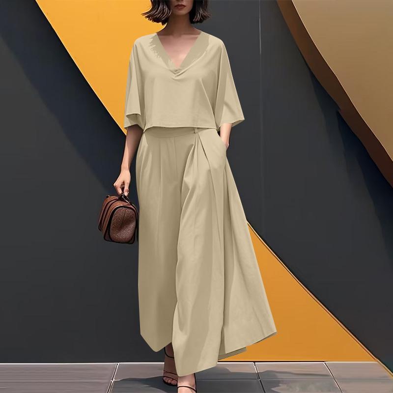 ZANZEA Lässiges Zweiteiler-Set für Damen mit 3/4-Ärmeln, Bluse und Hose mit weitem Bein
