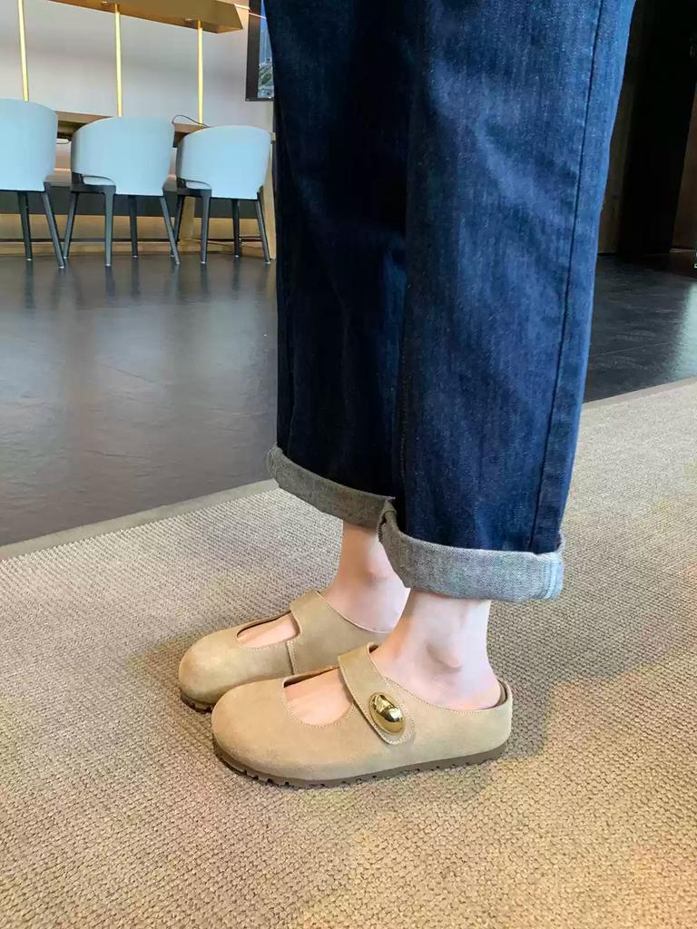 ~ Height increase of 5cm~ Small golden bean round head soft cute Mary Jane half slippers female summer