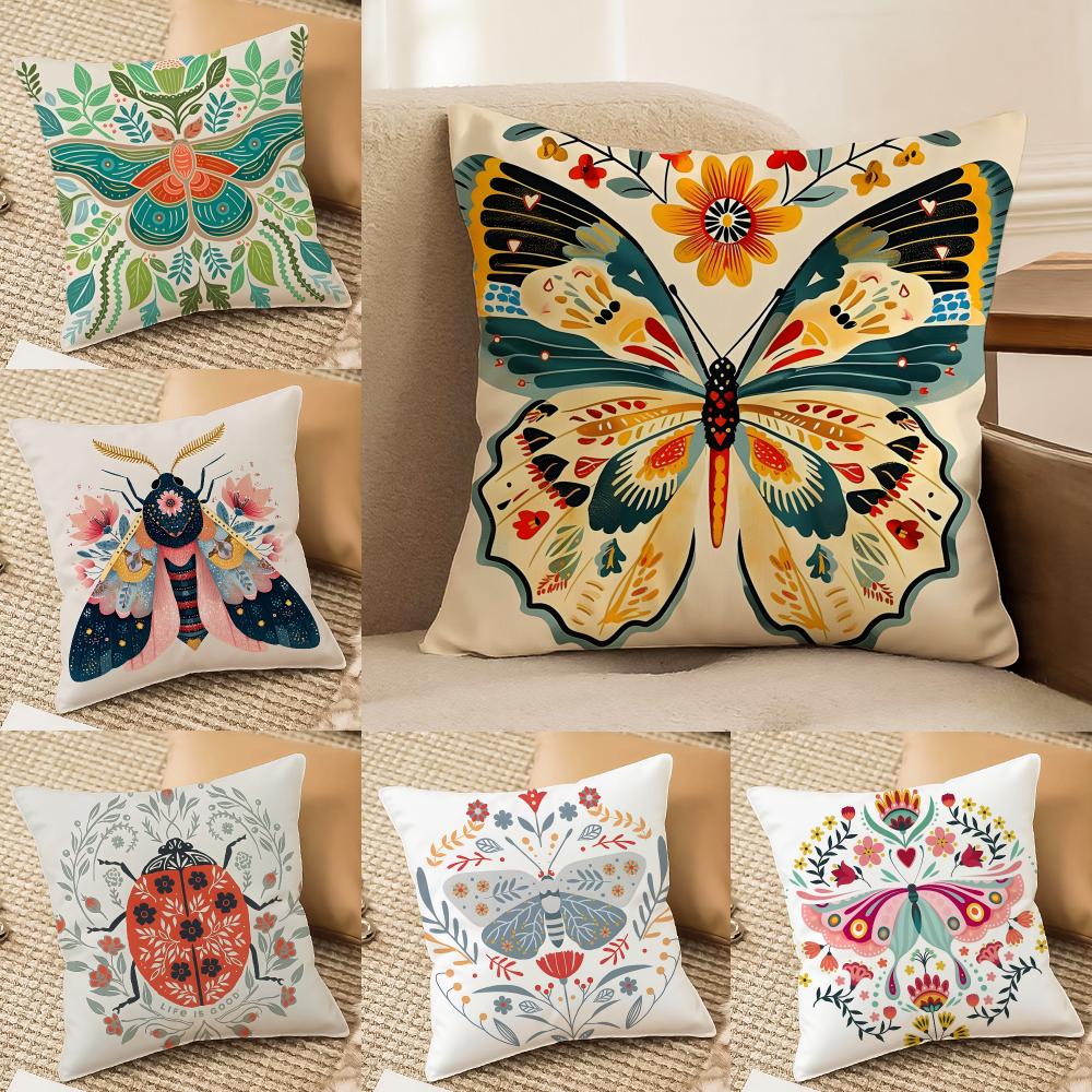 Colorful plant and insect home prints Cushion Cover DoubleSided Plush Sofa Cushion Covers Organic Breathable Invisible Zipper