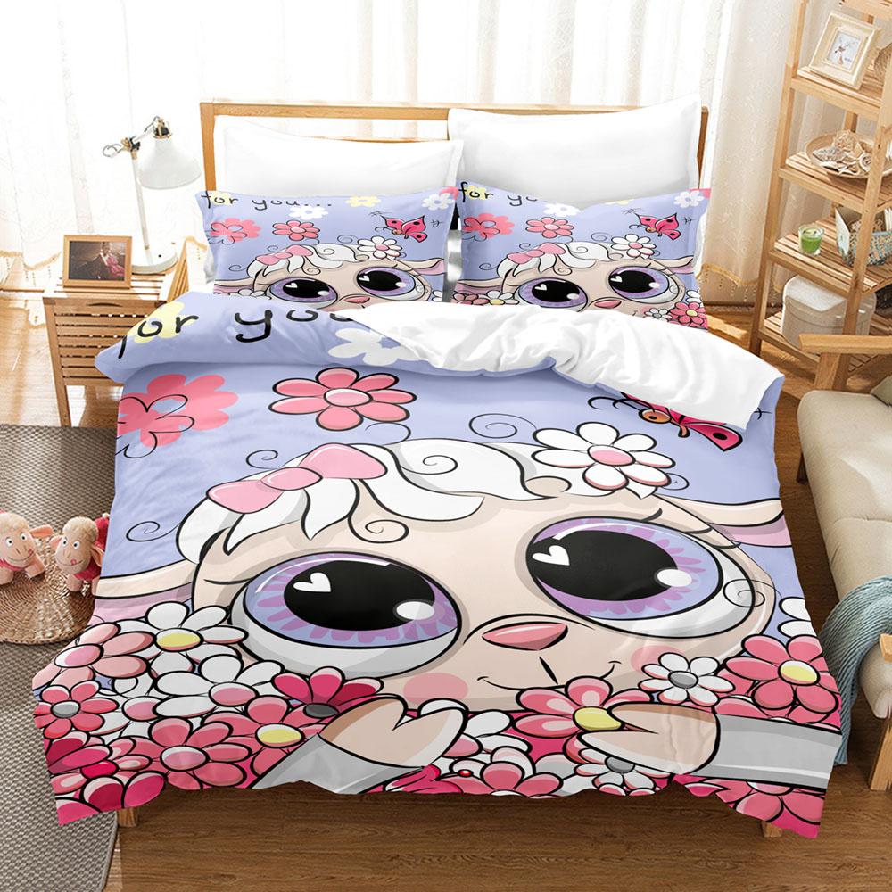 Cartoon Sheep Duvet Cover Set Cute White Sheep Flowers Pattern King Queen Full Size For Kids Boy Girl Gift Polyester Bedding Set