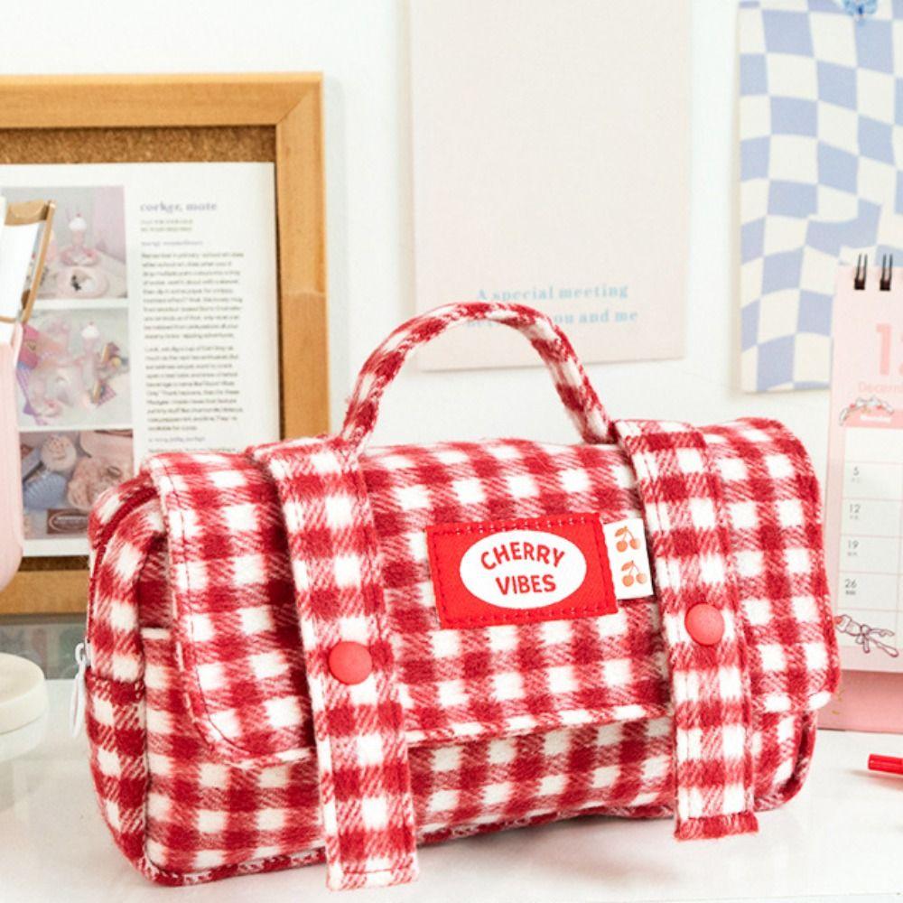 Sweet Grid Pencil Case Portable Pen Organizer Pouch Cute Stationery Organizer  Office Use