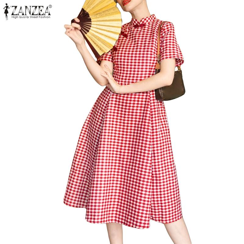 

ZANZEA Women Casual Stand Collar Summer Short Sleeve Plaid Print Dress S червоний