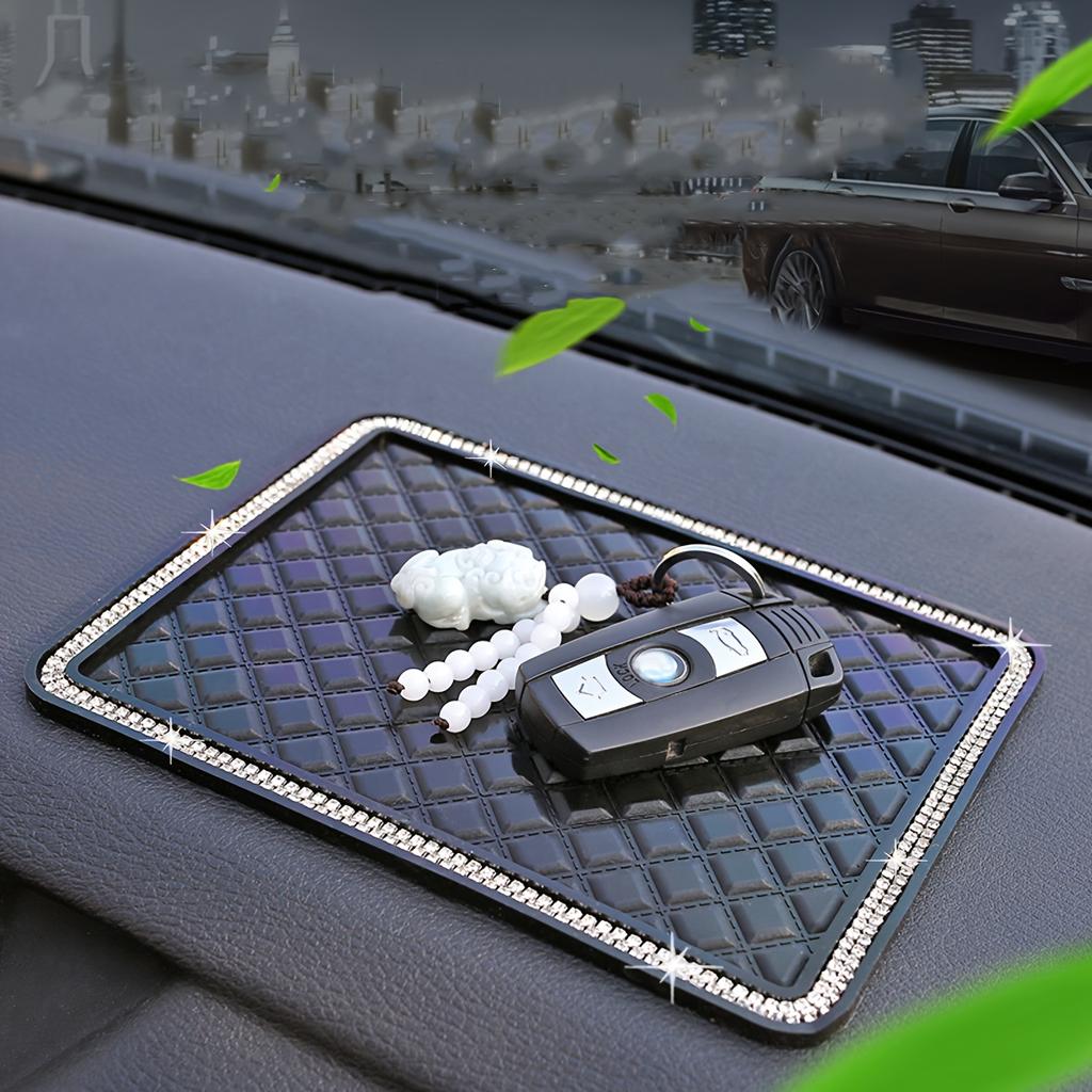 1pc Black Silicone Car Center Console Organizer with Diamond-Studded Border - Non-Slip Dashboard Storage Mat for Keys, Remote & Accessories