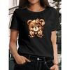 Women Cartoon Bear Print T-Shirt Leopard Bow Star Crew Neck Spring Summer Autumn Machine-Washable Top