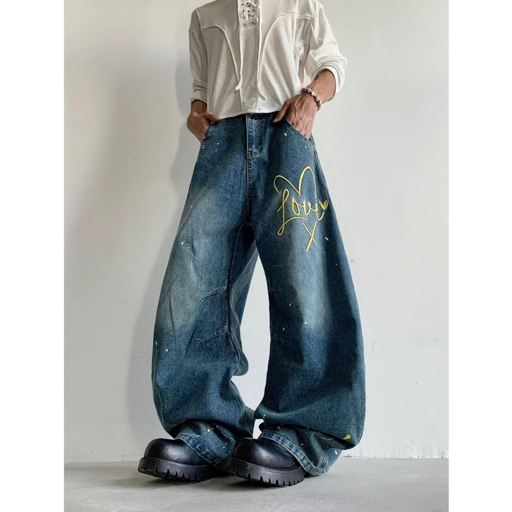 Men's Mid Rise Washed Cat Whisker Barrel Jeans Loose Wide Leg Denim Pants American Vintage High Street Y2K Casual Four Seasons Long Trousers