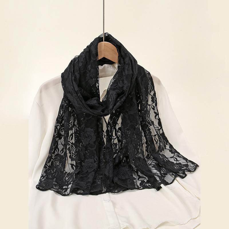 

1Pc Lace Edges Scarf Hijab Woman Shawl Wrap Rose Flower White Foulard Soft Cotton Muslim Hijabs Scarf Catholic Veil Head Scarf чёрный